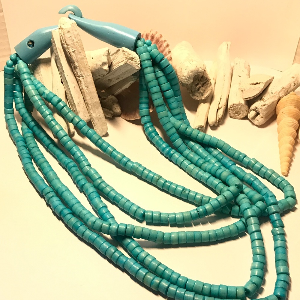 Wooden Thick Turquoise Multi-Strand  Necklace